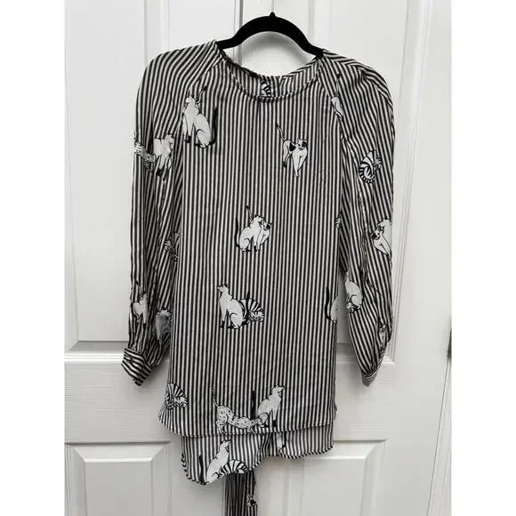 Zara Basic Cat Print Striped Blouse Tie Waist Long Sleeve Shirt Womens -Medium - Picture 3 of 7